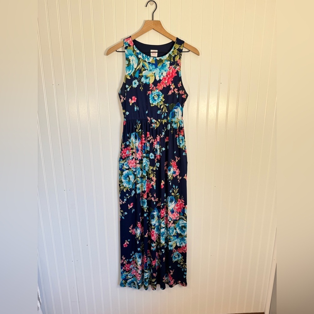 Wanna B Sleeveless High Neck Navy Blue Floral Maxi Dress Women’s Size Medium